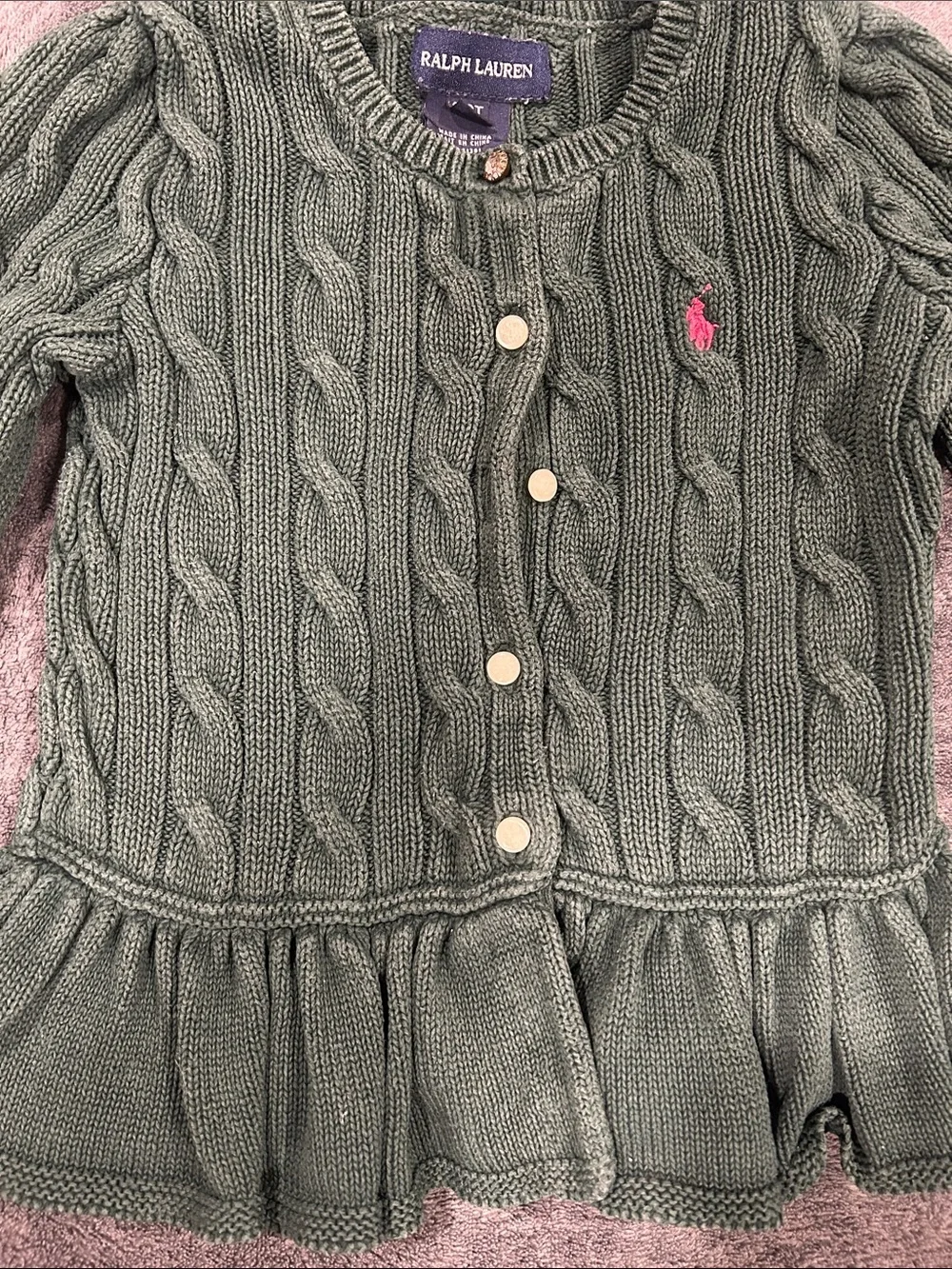 Ralph Lauren Dark Green Cable Knit Peplum Cardigan with Pink Pony